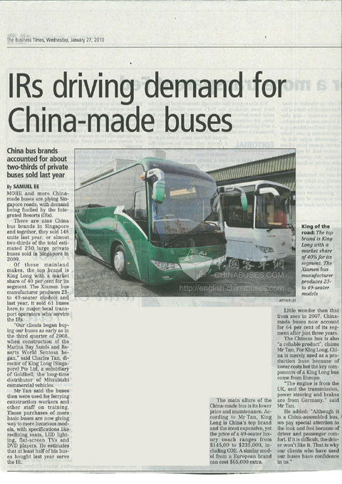 Aspectos destacados de Kinglong Bus en el mercado y los medios de Singapur