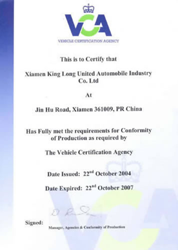en marzo de 2005, king long aprobó por completo la certificación VCA y se convirtió en el primero en ingresar al mercado europeo.
